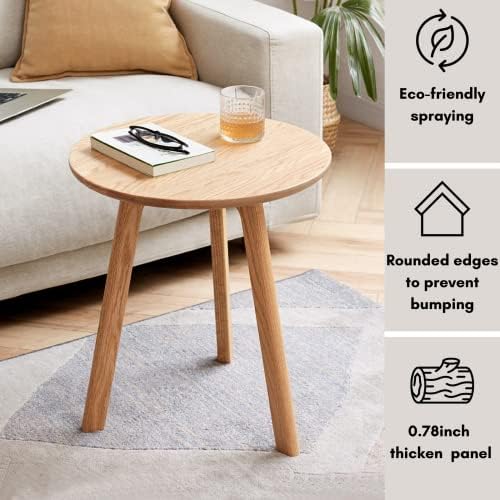 Wayshome Small Round Side Table, Bedside Table with Three Solid Wood Legs, Wood End Tables Living Room