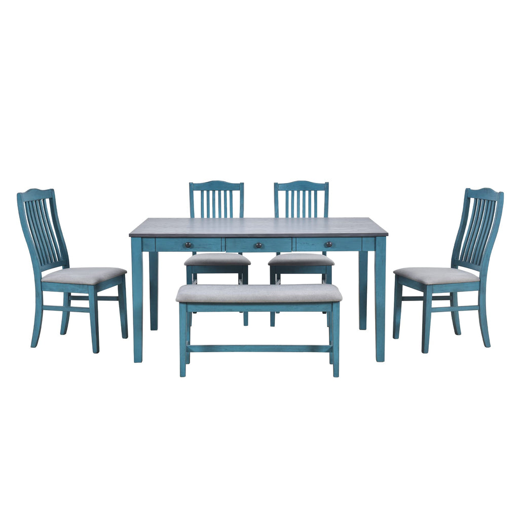 XD Designs Farmhouse 6-Piece Dining Room Table Set, Simple Wooden Dining Table with PU Cushion Chair and Bench, Rustic Kitchen Dining Room Set for 4-6 Persons