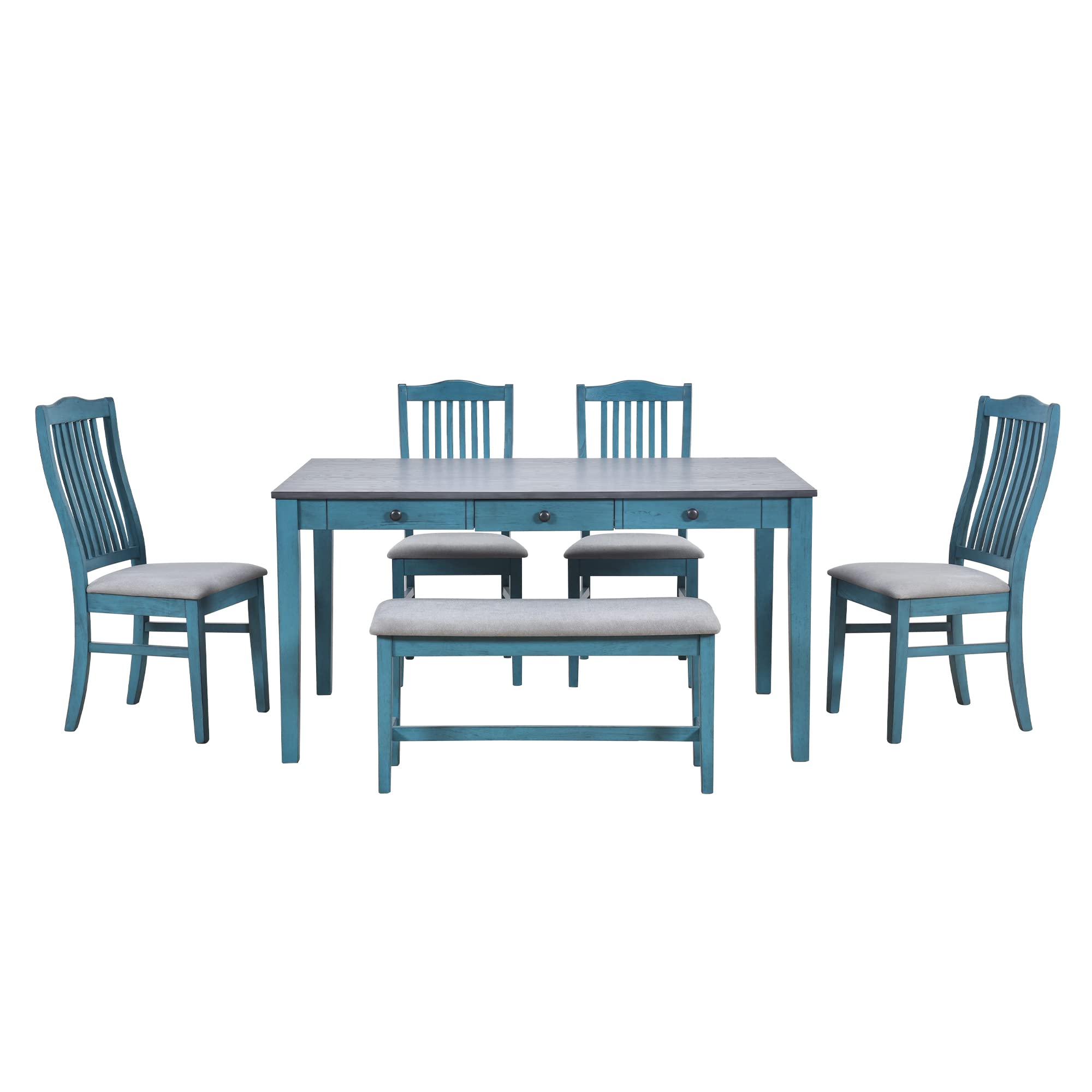 XD Designs Farmhouse 6-Piece Dining Room Table Set, Simple Wooden Dining Table with PU Cushion Chair and Bench, Rustic Kitchen Dining Room Set for 4-6 Persons