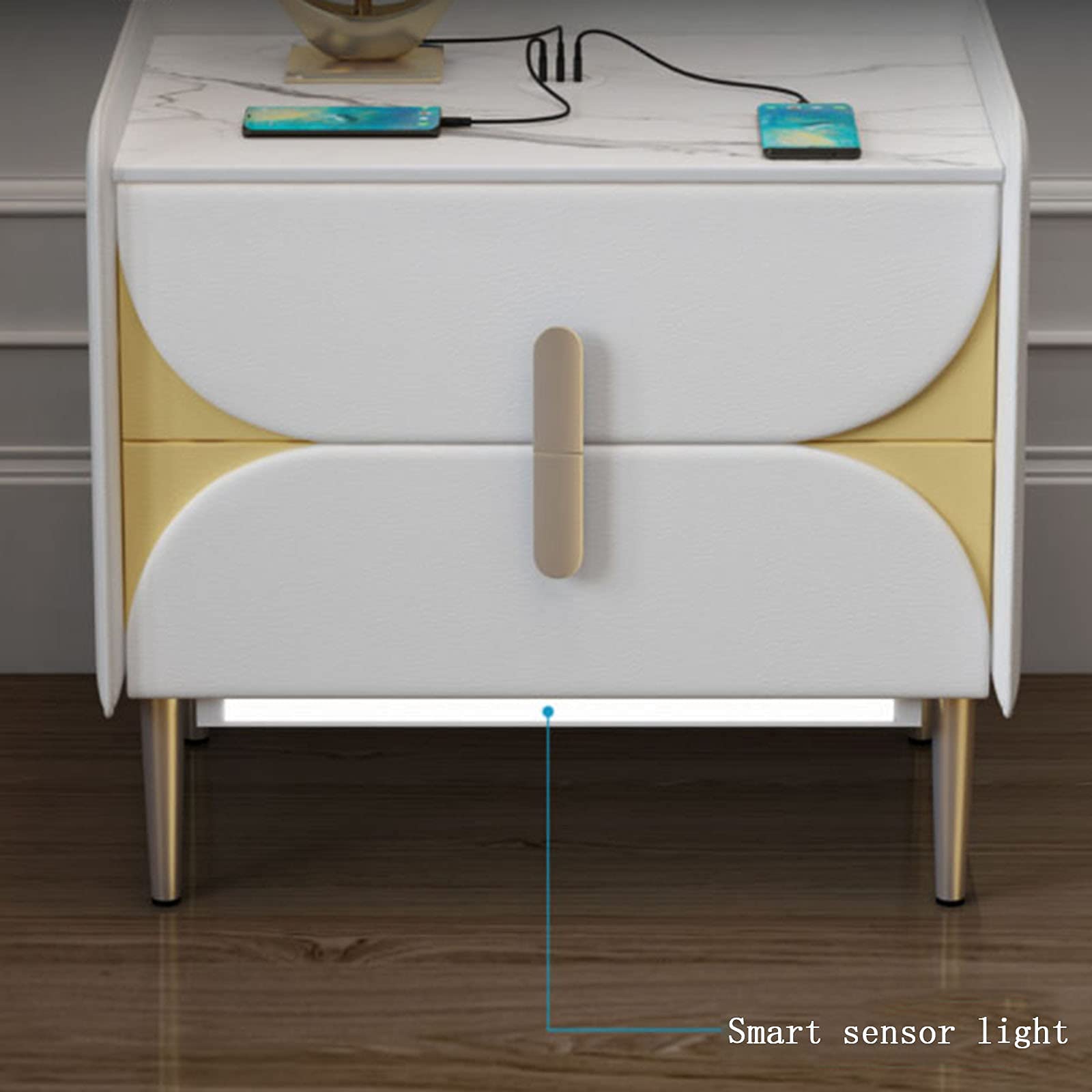 Smart Nightstand Modern Bedroom Wireless Charging Bedside Tables with Induction LED Light and 2 Storage Drawer for Bedroom/Office Furniture Leather Storage Cabinet T