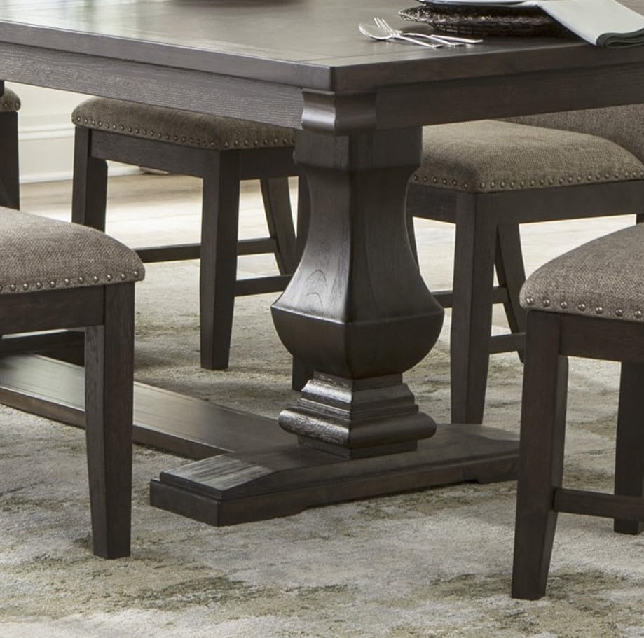 6pc Dining Set Style Dining Table Double Pedestal Base and Upholstered Beige Side Chairs Bench Dining Wooden Furniture