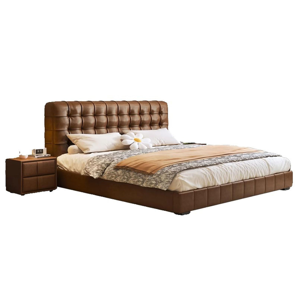HONGYISHI Vintage Brown Queen Bed Frame, Upholstered Platform Bed Wooden Slats Support Ergonomic Upholstered Headboard Noise-Free