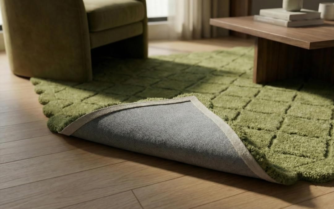 Green Scalloped Diamond Lattice Wool-Blend Area Rug