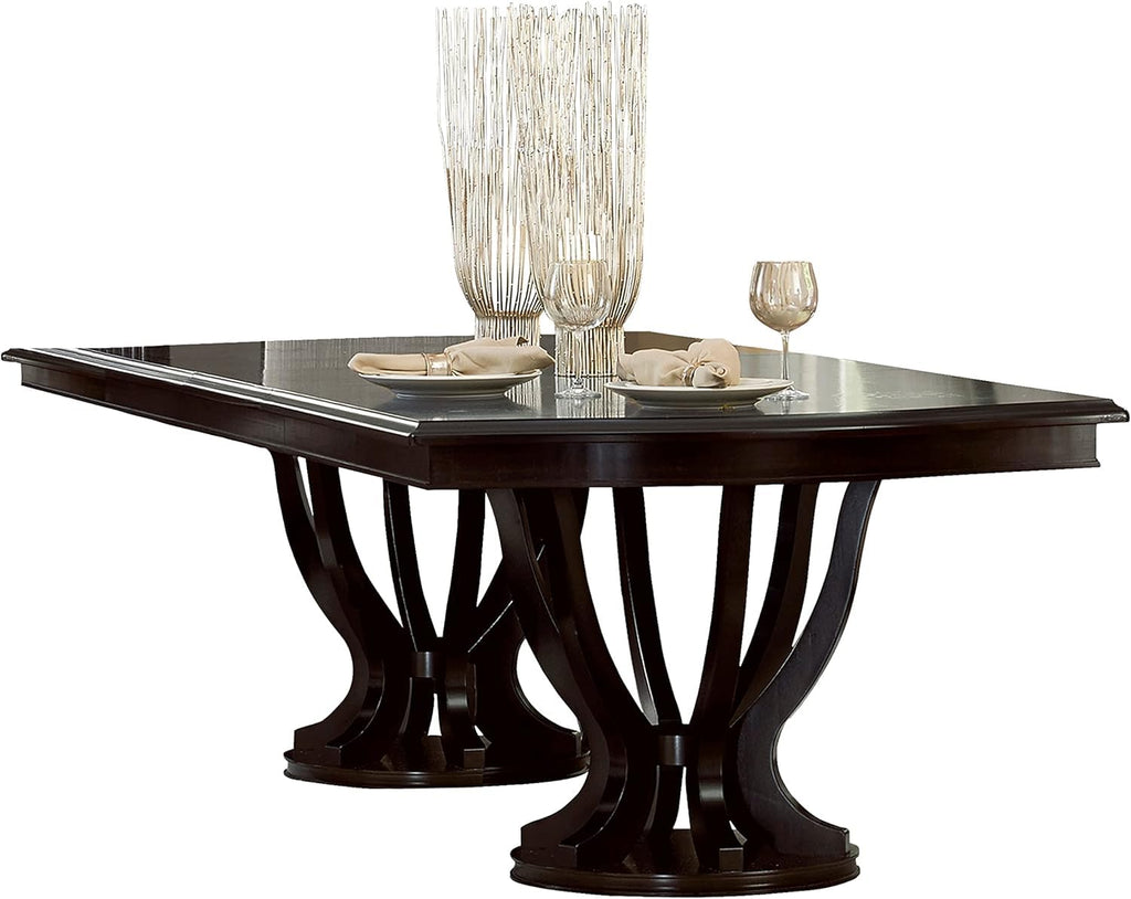 Extendable Dining Table with Espresso h, Modern Double Pedel Base & Leaf