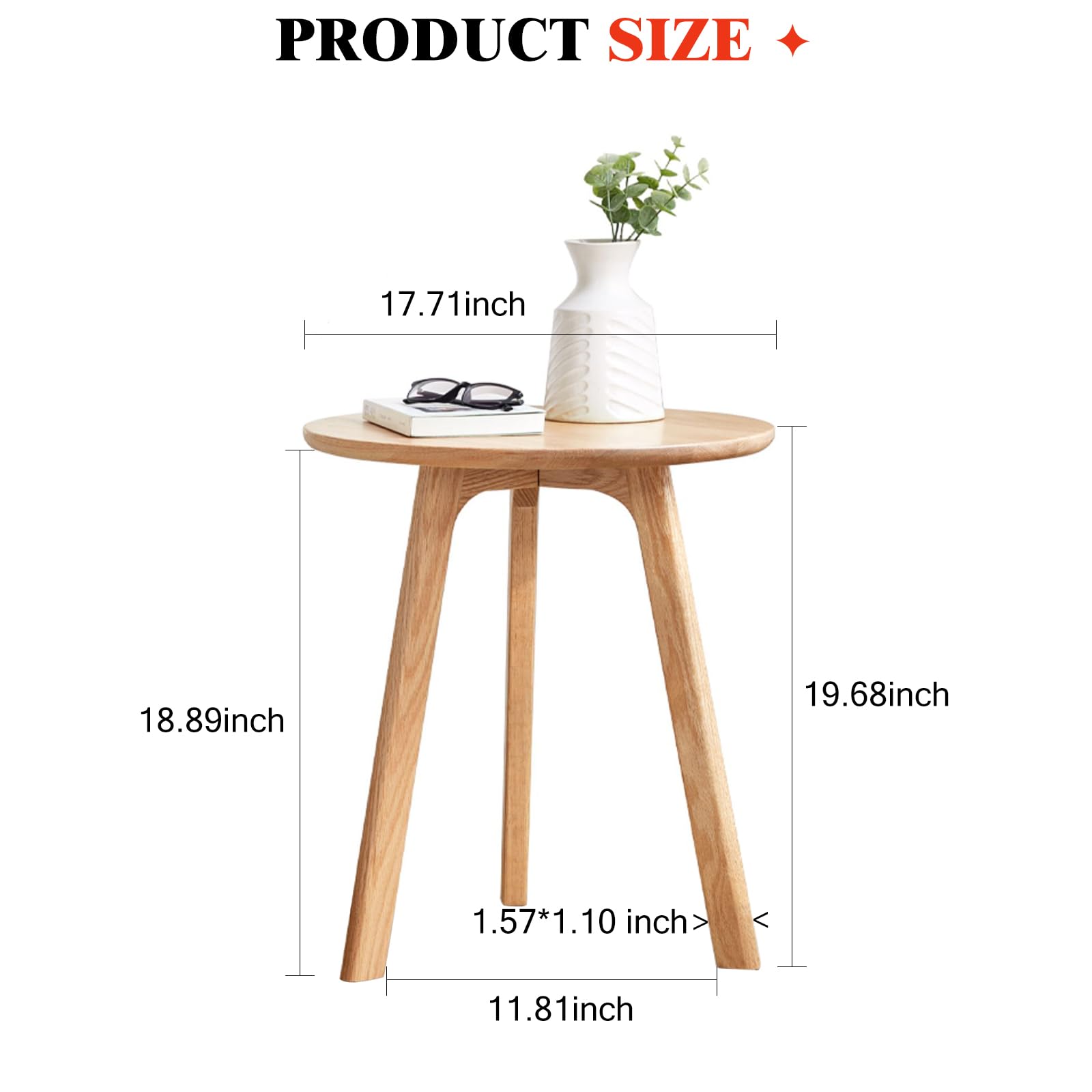 Wayshome Small Round Side Table, Bedside Table with Three Solid Wood Legs, Wood End Tables Living Room