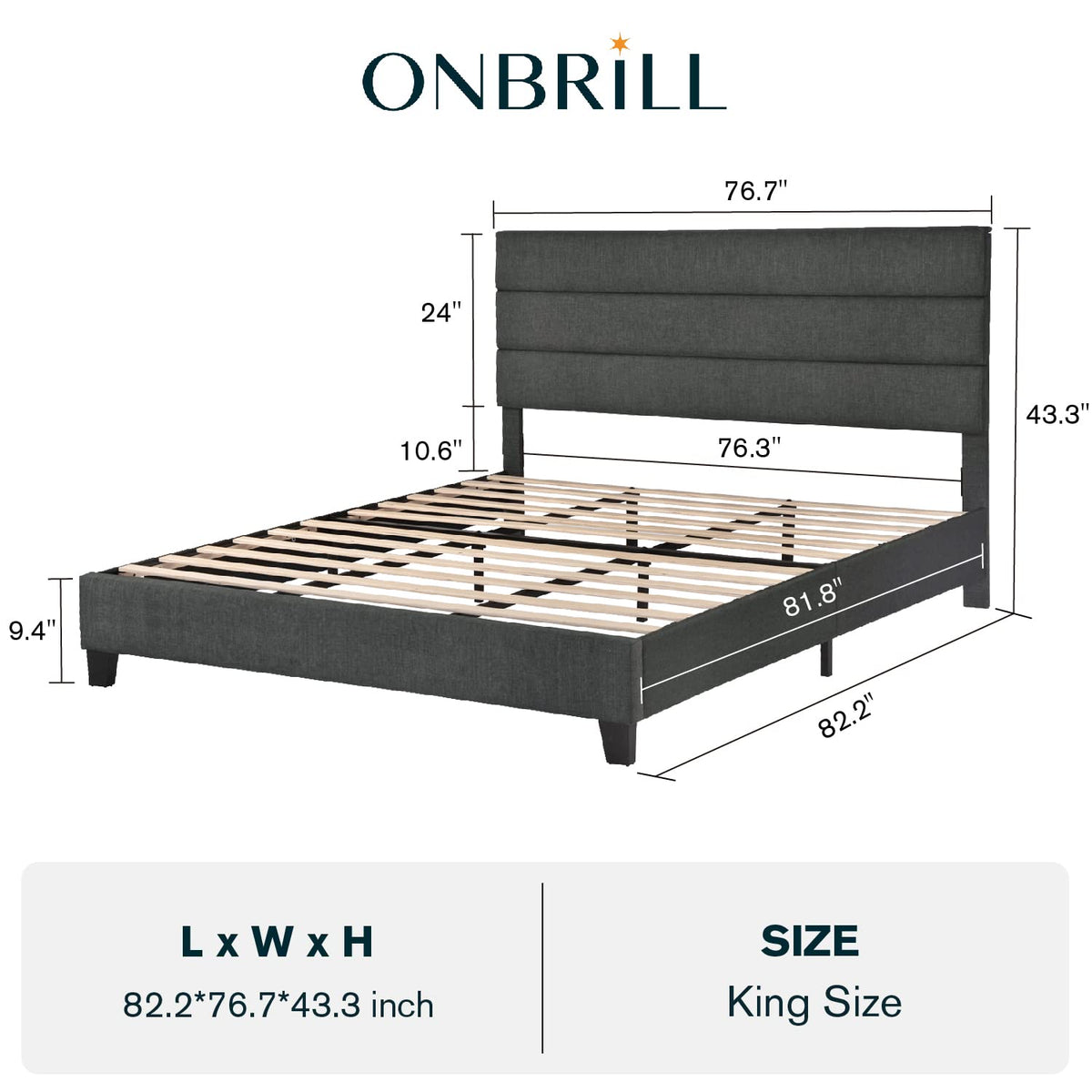 ONBRILL King Size Bed Frame with Fabric Upholstered Headboard, Sturdy Wood Slat Support,Upholstered Mattress Foundation,No Box Spring Needed,Easy Assembly,Grey