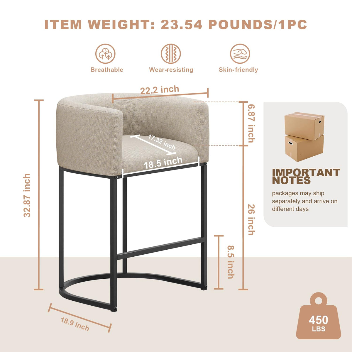 VATROS 26" H Counter Height Bar Stools, Modern Barrel Counter Stools with Backrest and Arms, Faux Leather Upholstered Accent Barstools for Kitchen Island,Support 450 LBS