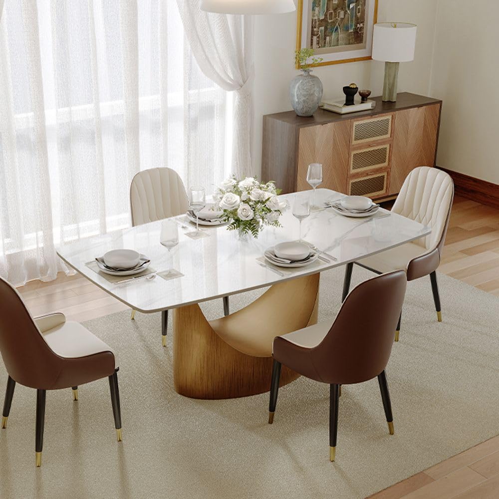POVISON Modern Dining Table Marble White Black Bronze for Dining Room Kitchen