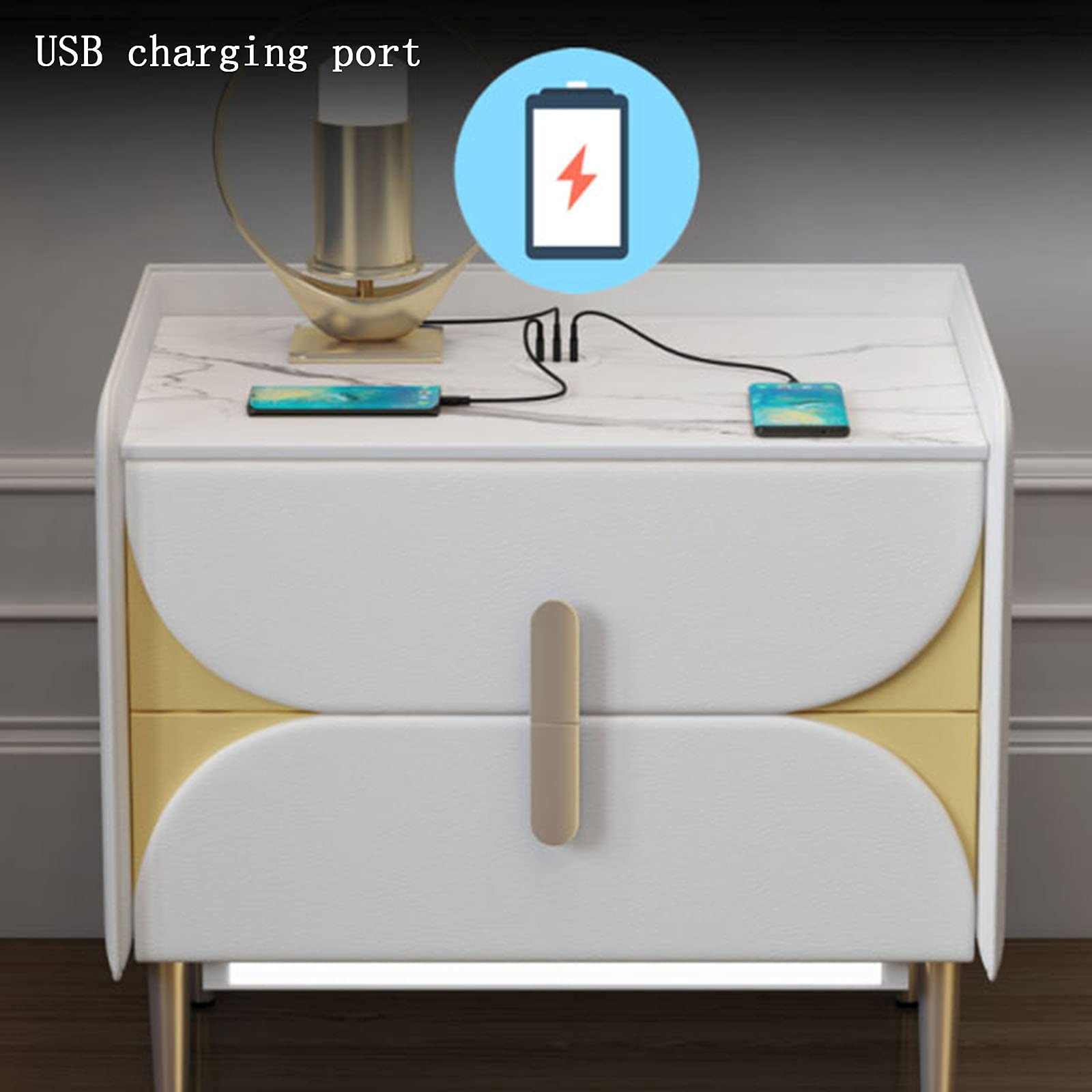 Smart Nightstand Modern Bedroom Wireless Charging Bedside Tables with Induction LED Light and 2 Storage Drawer for Bedroom/Office Furniture Leather Storage Cabinet T