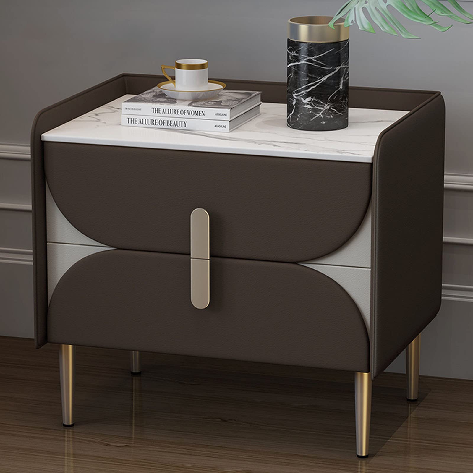 Smart Nightstand Modern Bedroom Wireless Charging Bedside Tables with Induction LED Light and 2 Storage Drawer for Bedroom/Office Furniture Leather Storage Cabinet T