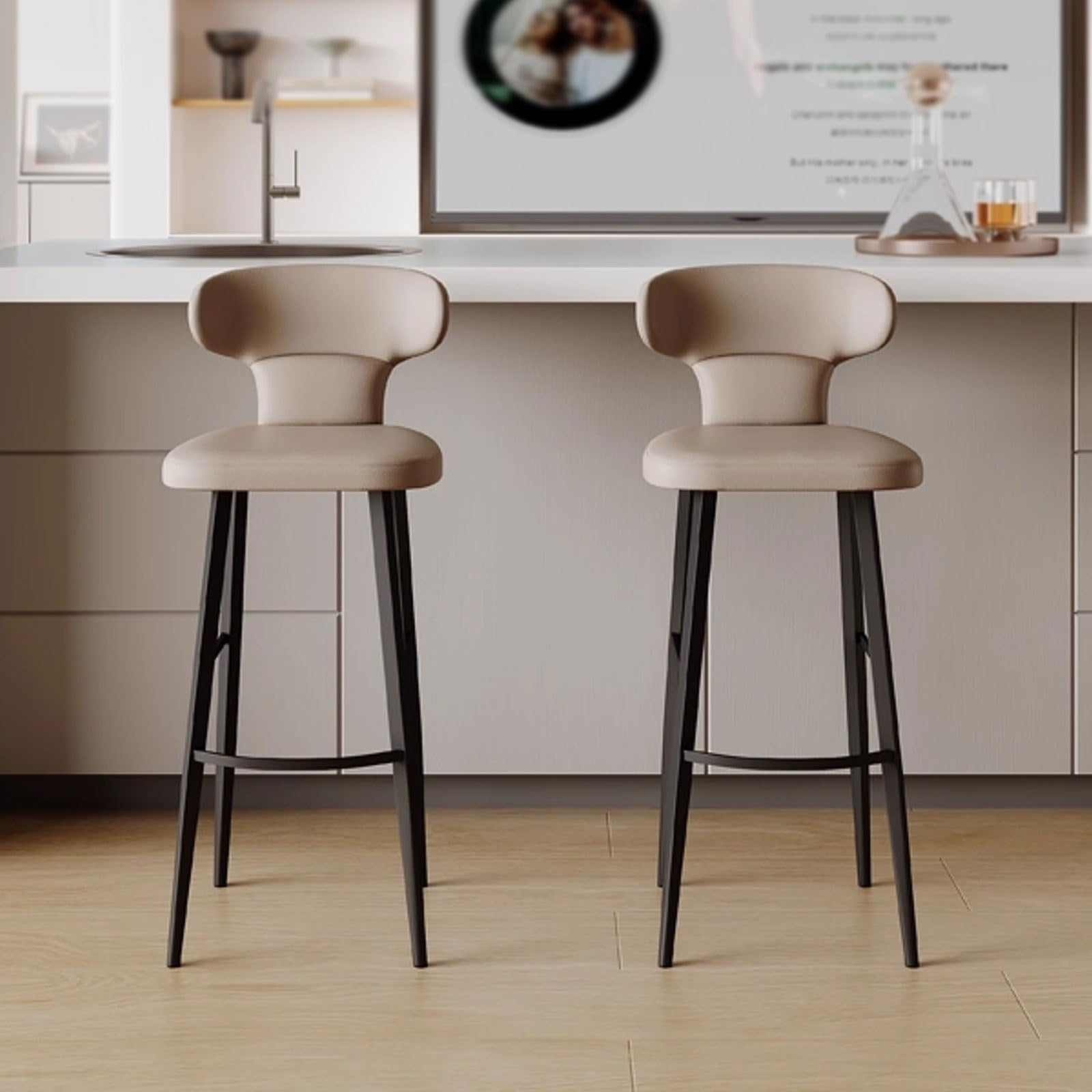 PU Leather Bar Stools Set of 1/2/4, Counter Height Stools with Low Back and Seat, Black Metal Legs, for Kitchen Counter, Dining Room, Coffee(4PCS Gray,65cm/25.6in)