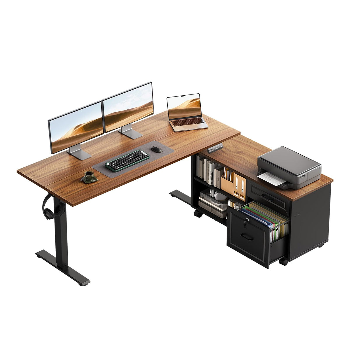 OffiGo L-Shaped Electric Standing Desk with File Cabinet
