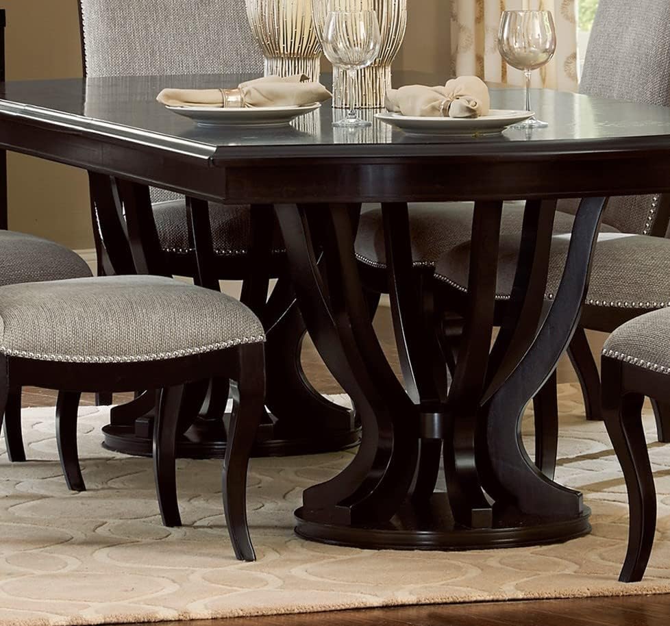 Extendable Dining Table with Espresso h, Modern Double Pedel Base & Leaf