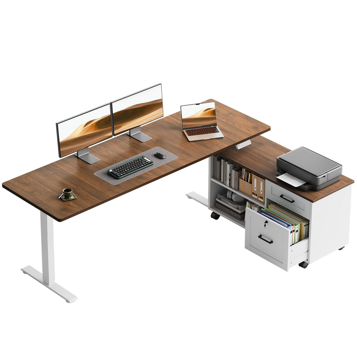OffiGo Electric Standing Desk with File Cabinet, Large Corner Adjustable Height Table with Power Outlets, Executive L-Shaped Lift Workstation for Home, Office
