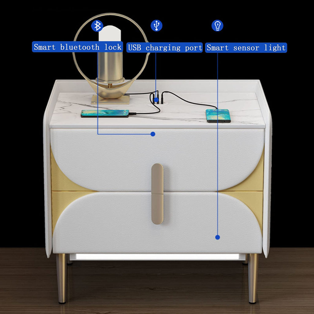 Smart Nightstand Modern Bedroom Wireless Charging Bedside Tables with Induction LED Light and 2 Storage Drawer for Bedroom/Office Furniture Leather Storage Cabinet T