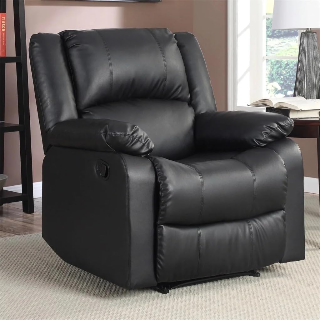 DUYHBAWRS Standard Manual Recliner, Black Faux Leather Small Space Upholstered