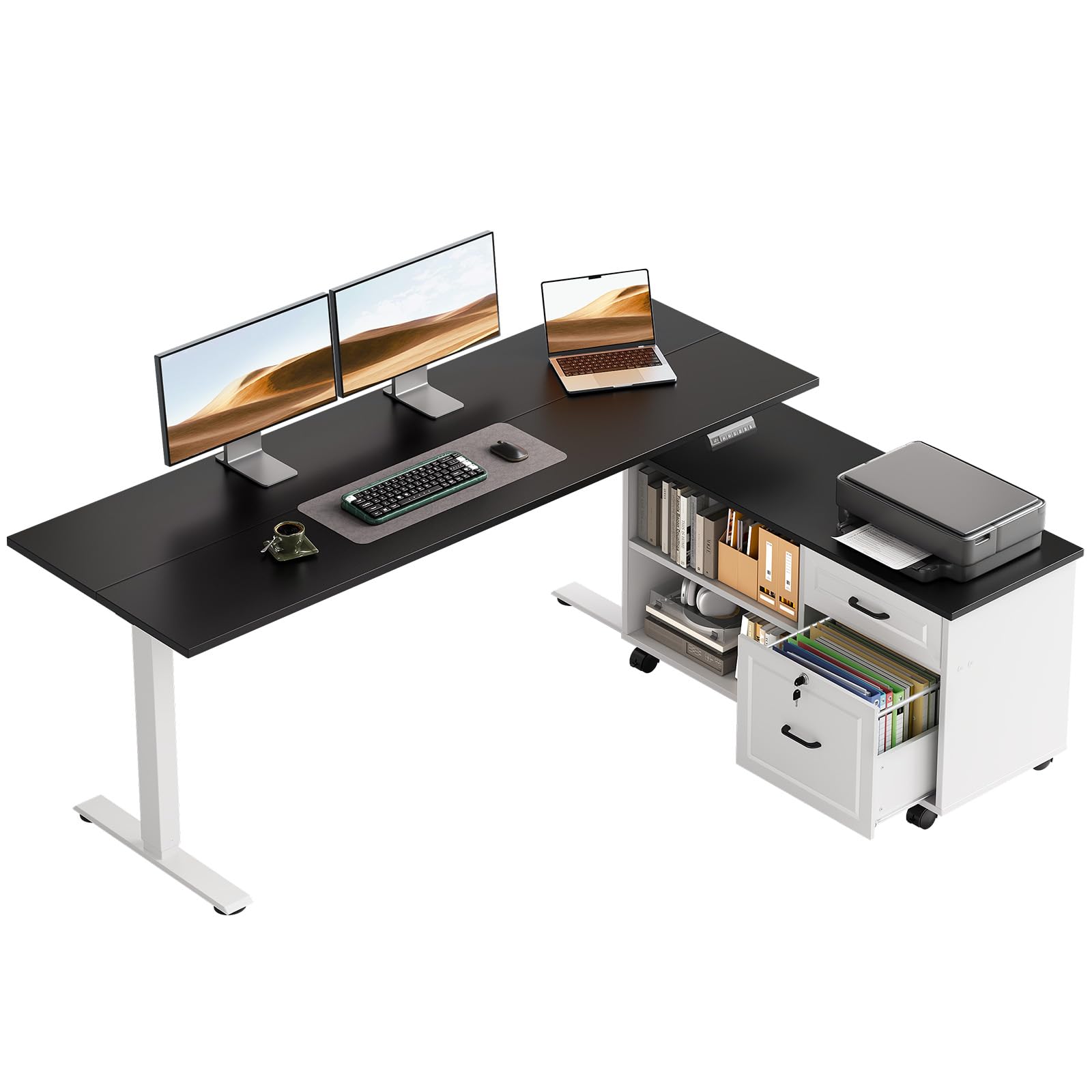 OffiGo L-Shaped Electric Standing Desk with File Cabinet