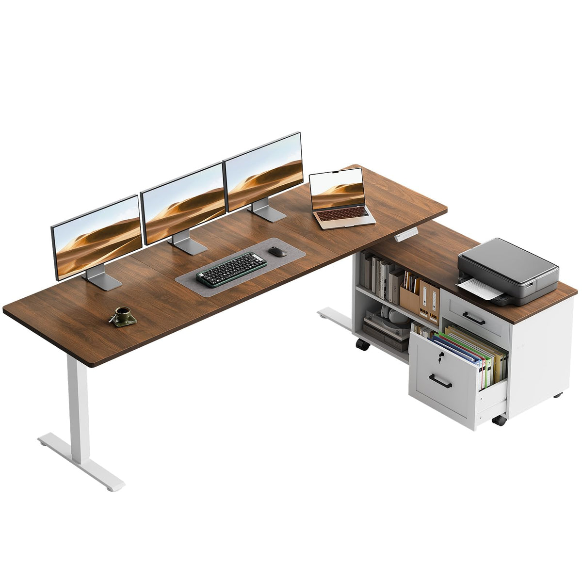 OffiGo L-Shaped Electric Standing Desk with File Cabinet
