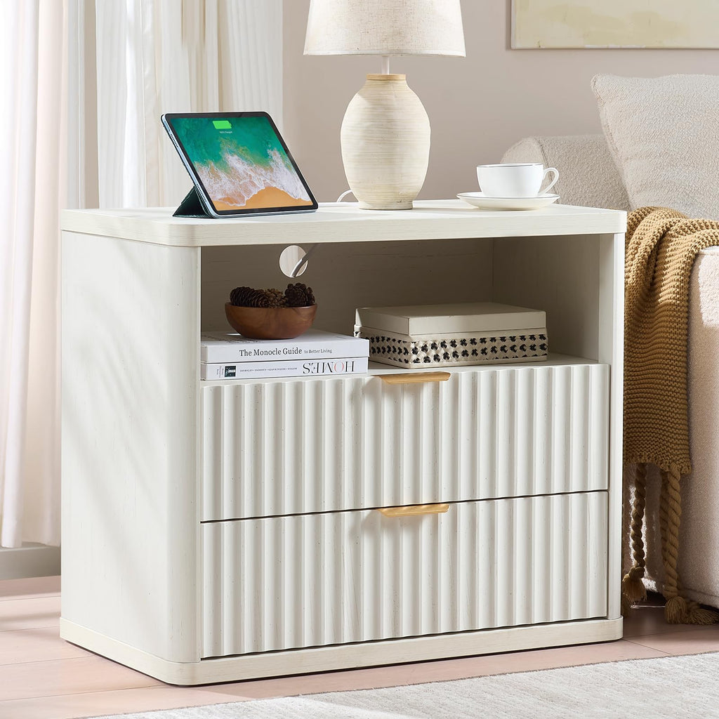 LEYAOYAO Wide Fluted Nightstand for Large Spaces