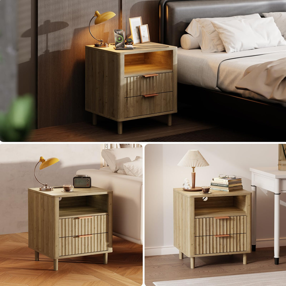 CozyMine Fluted Nightstand with Charging Station