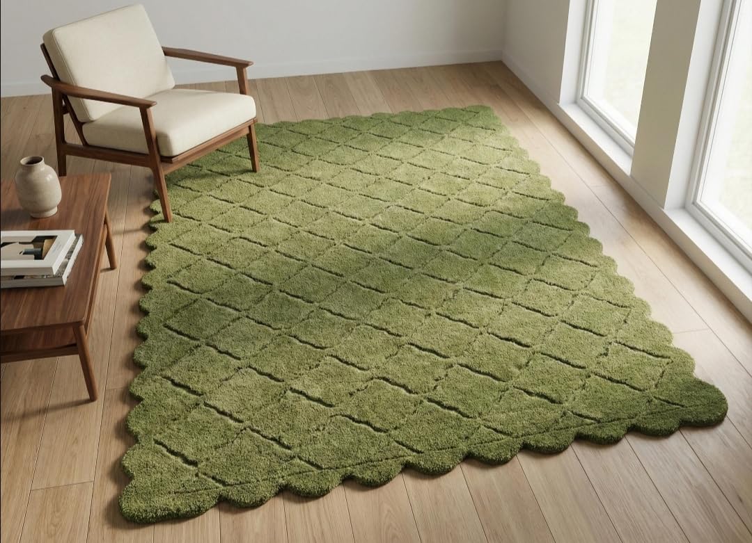 Green Scalloped Diamond Lattice Wool-Blend Area Rug
