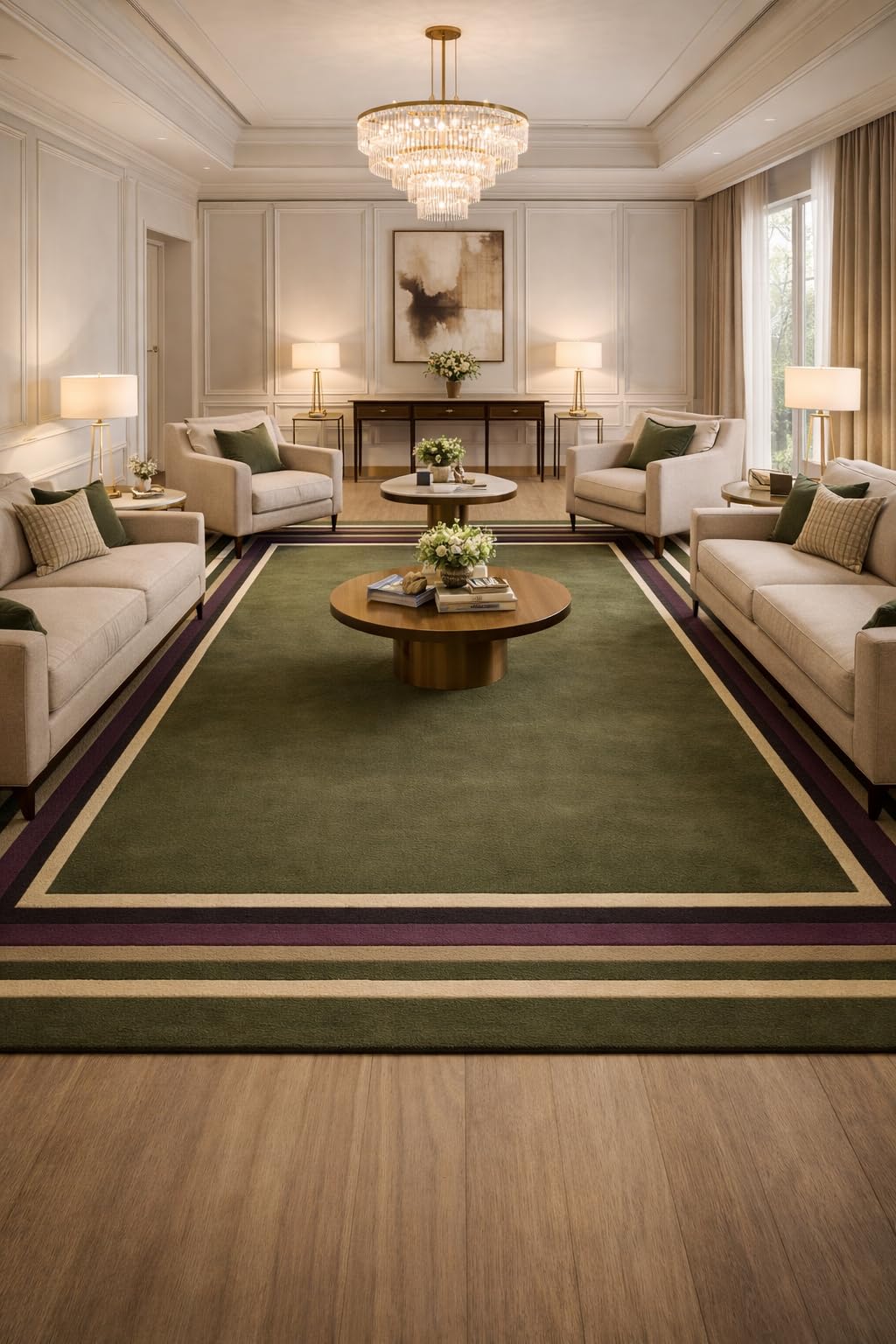 Handmade Geometric Green, Purple & Beige Border Area Rug