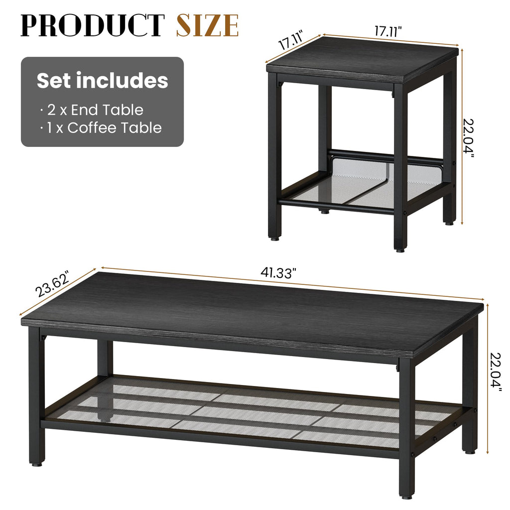 Lamerge 3 Pieces Living Room Table Set, Industrial Coffee Table with 2 Square End Side Tables, Coffee Table Set with Metal Frame for Apartment Home Office
