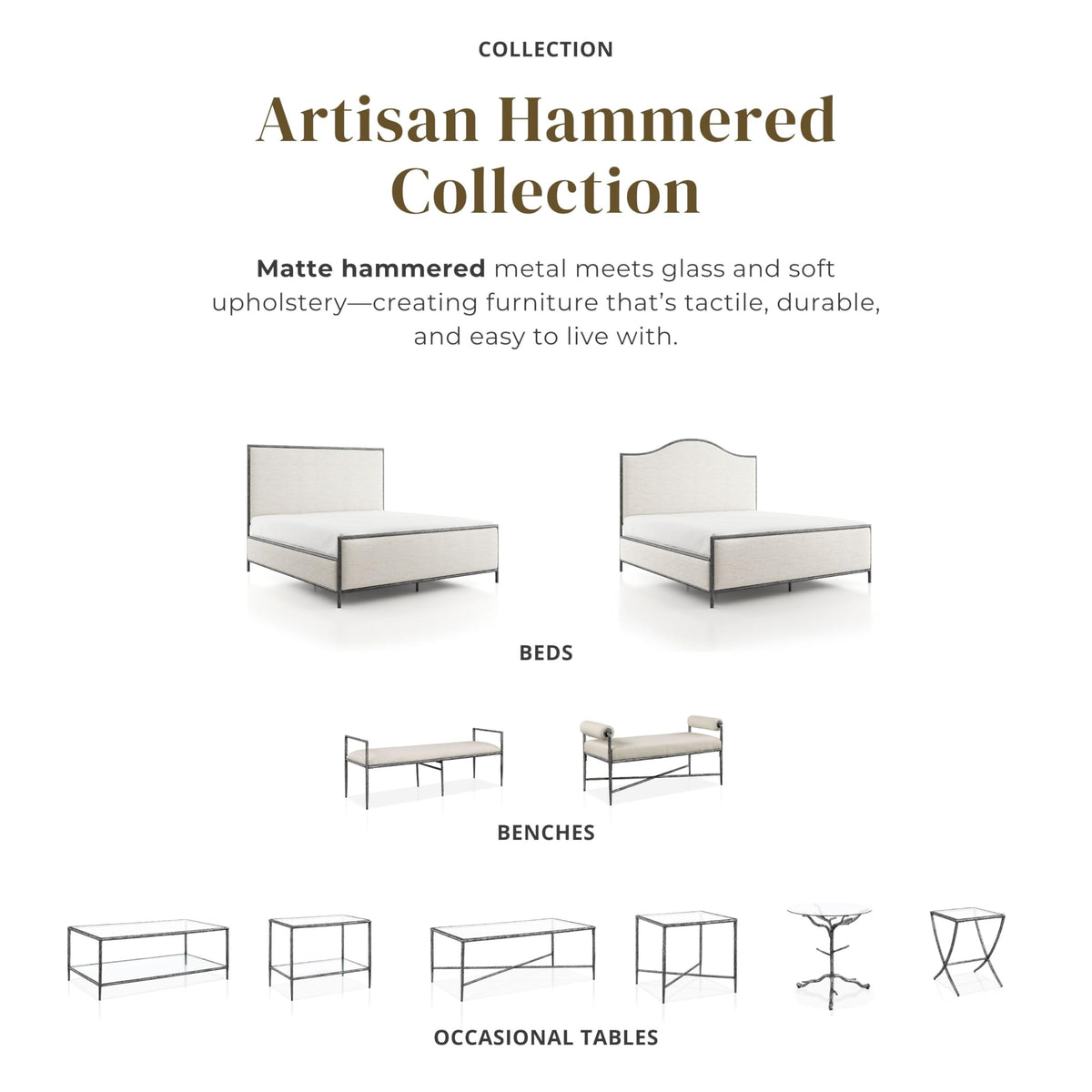 24/7 Shop at Home Lalia Hammered Metal Upholstered Bed with Beige Fabric Headboard, Forged Steel Frame, Foundation Required