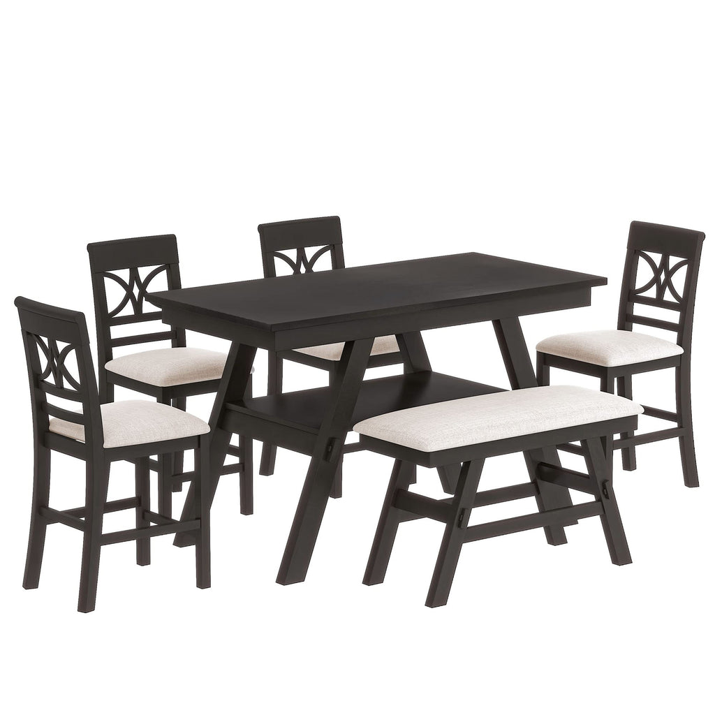 6-Piece Rustic Style Wood Counter Height Dining Table Set with Storage Shelf, Bench and 4 Chairs, Kitchen Dining Table Chairs Set for 6 Persons (Walnut + Wood + Foam) (Espresso + Wood + Foam)