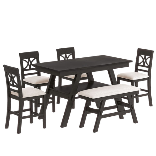 6-Piece Rustic Style Wood Counter Height Dining Table Set with Storage Shelf, Bench and 4 Chairs, Kitchen Dining Table Chairs Set for 6 Persons (Walnut + Wood + Foam) (Espresso + Wood + Foam)
