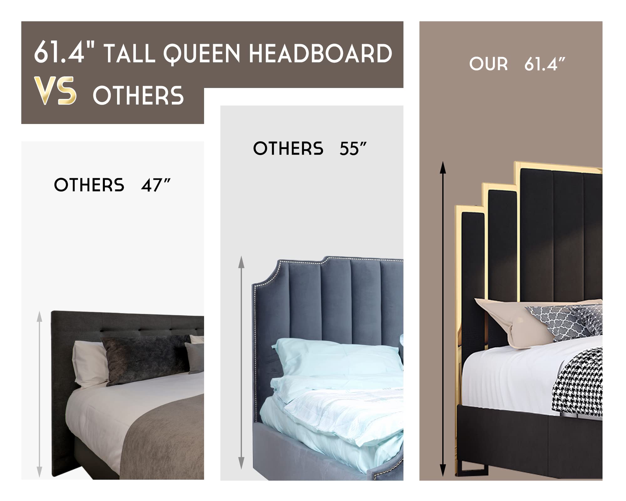 HOWE Bed Frame and Headboard, Upholstered Bed with Golden Plating Trim, Modern Platform Bed No Box Spring Needed