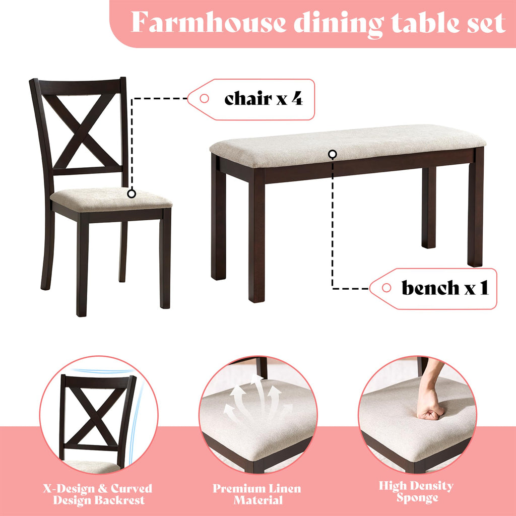 AMERLIFE 6-Piece Farmhouse Dining Table Set,Solid Wood Table with 4 Upholstered Chairs and Bench, Comfortable Seating for 6, for Kitchen or Dining Room