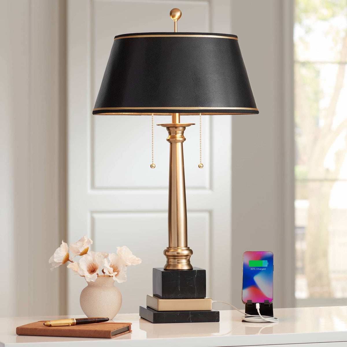 28.5-Inch Gold Brass Table Lamp with USB Port