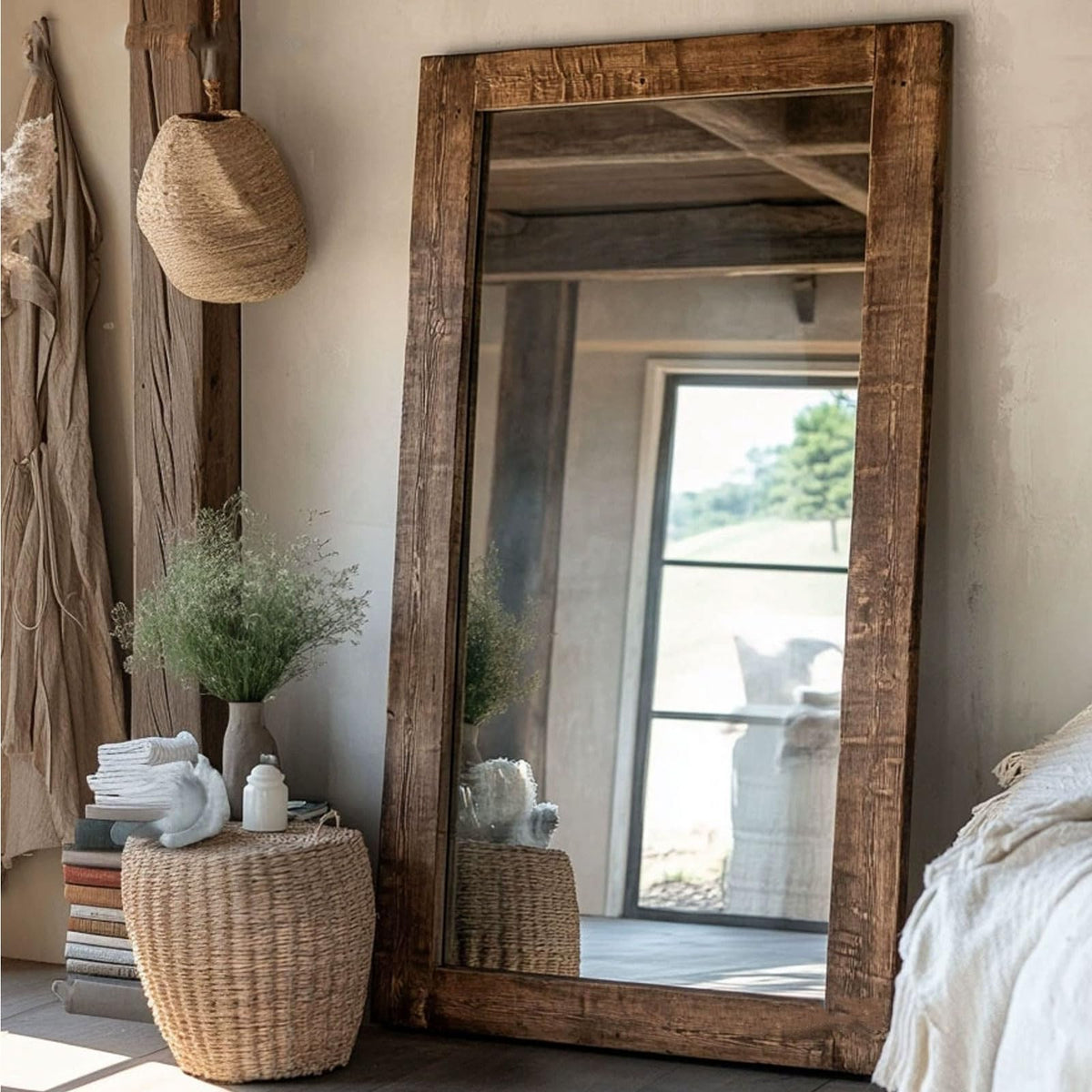 TBJEN Oversized Brown Full Length Mirror, Solid Wood Beveled Frame Wall Leaning or Hanging Mirror - Rustic Farmhouse Style for Bedroom, Entryway, Living Room 200x110cm