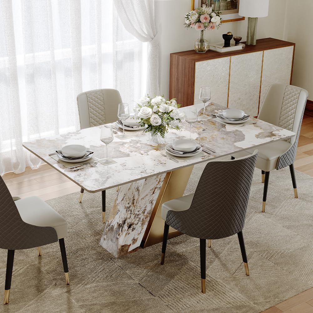POVISON Modern Dining Table Marble White Black Bronze for Dining Room Kitchen