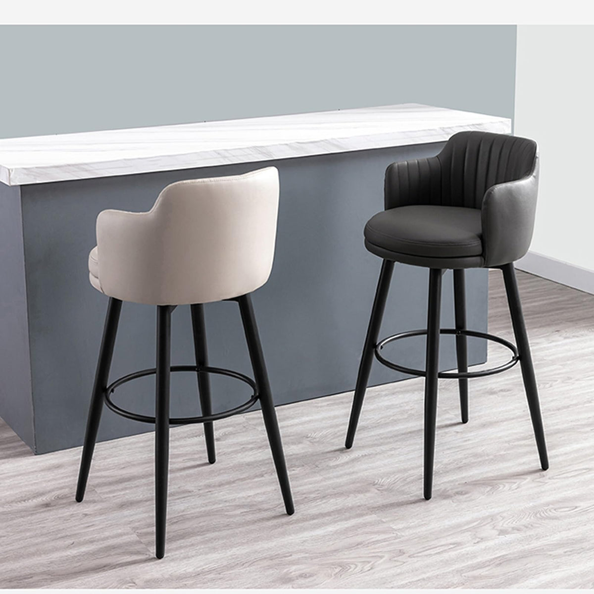 Set of 2 Swivel Counter Height Bar Stools with PU Leather Backrest Ideal for Kitchen or Restaurant Light Khaki 82cm - Stylish & Comfortable Seating Solution