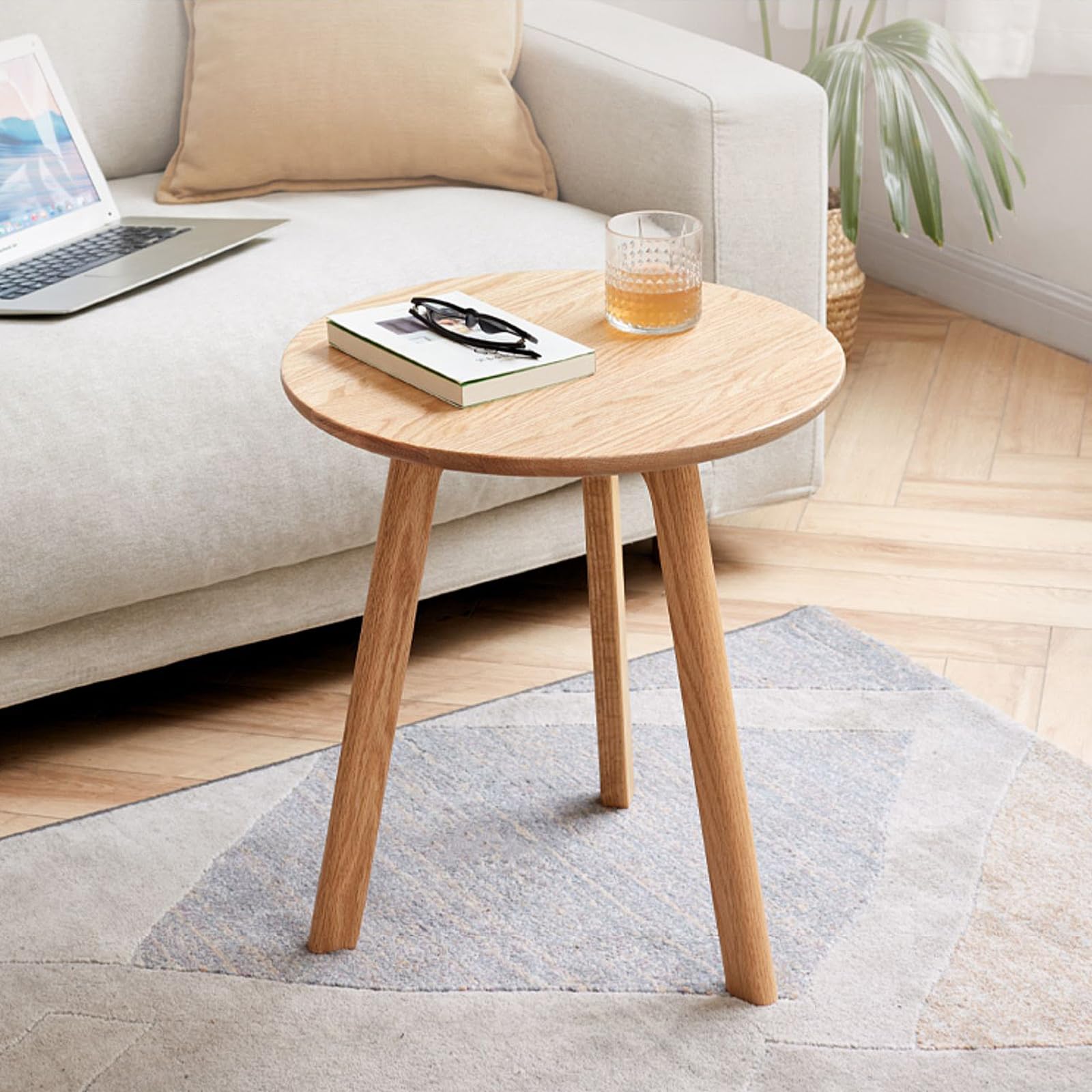 Wayshome Small Round Side Table, Bedside Table with Three Solid Wood Legs, Wood End Tables Living Room