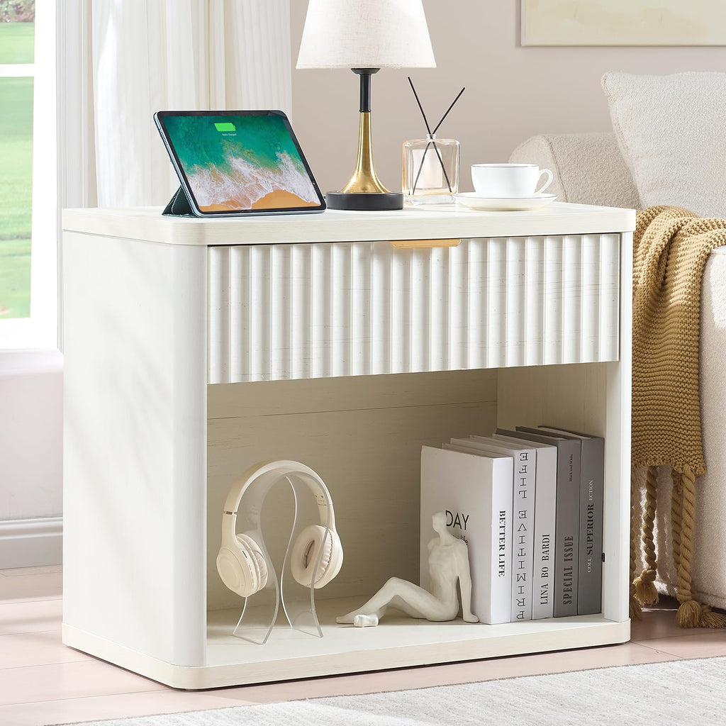 LEYAOYAO Wide Fluted Nightstand for Large Spaces