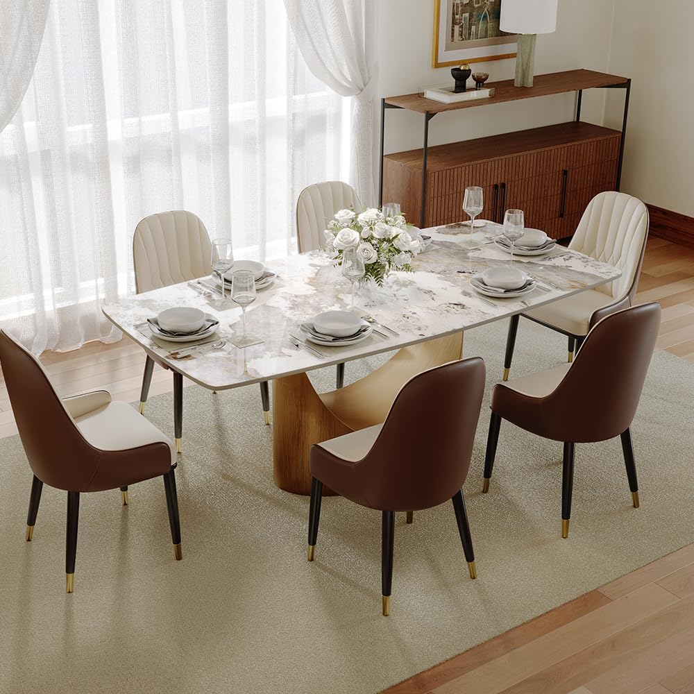POVISON Modern Dining Table Marble White Black Bronze for Dining Room Kitchen