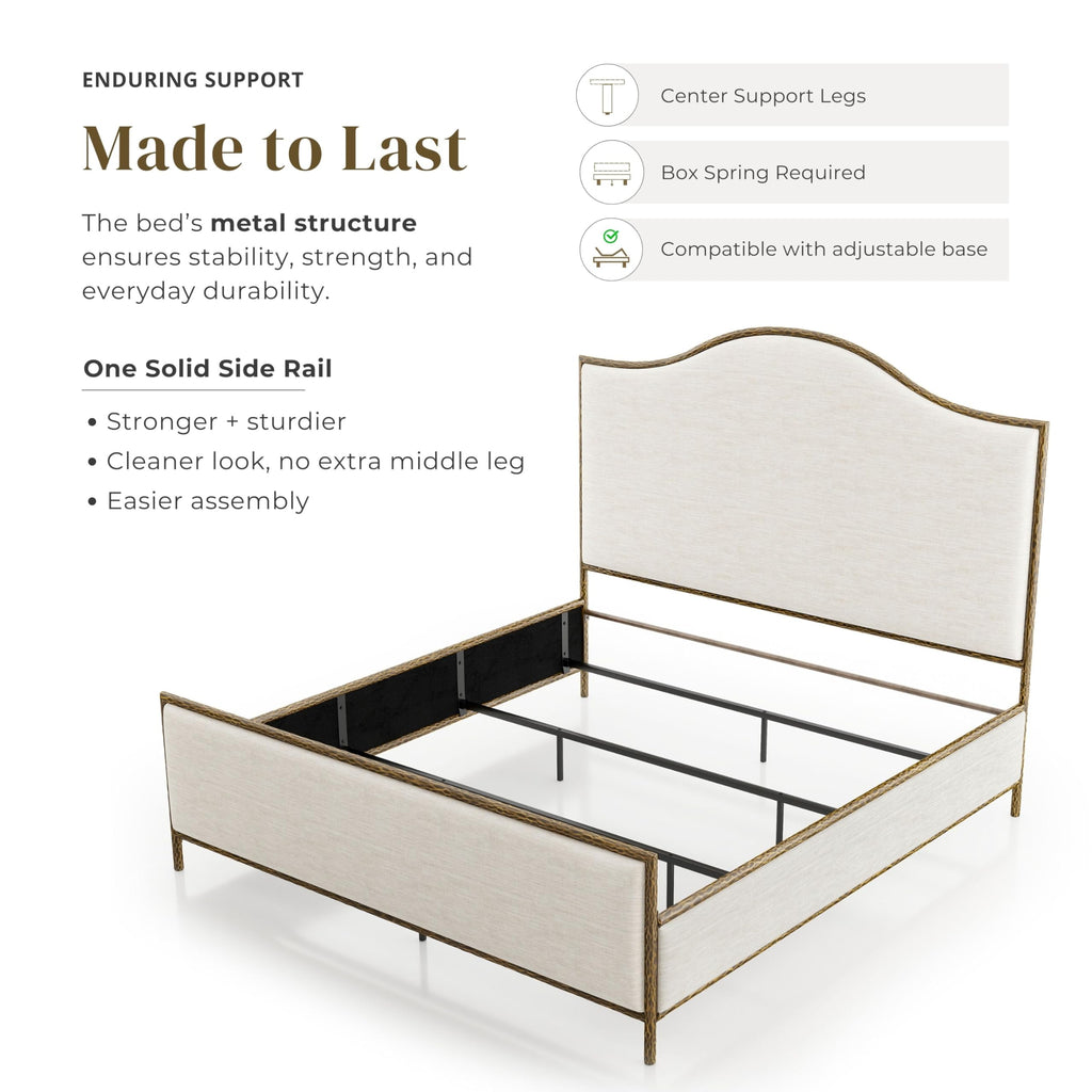 24/7 Shop at Home Lalia Hammered Metal Upholstered Bed with Beige Fabric Headboard, Forged Steel Frame, Foundation Required