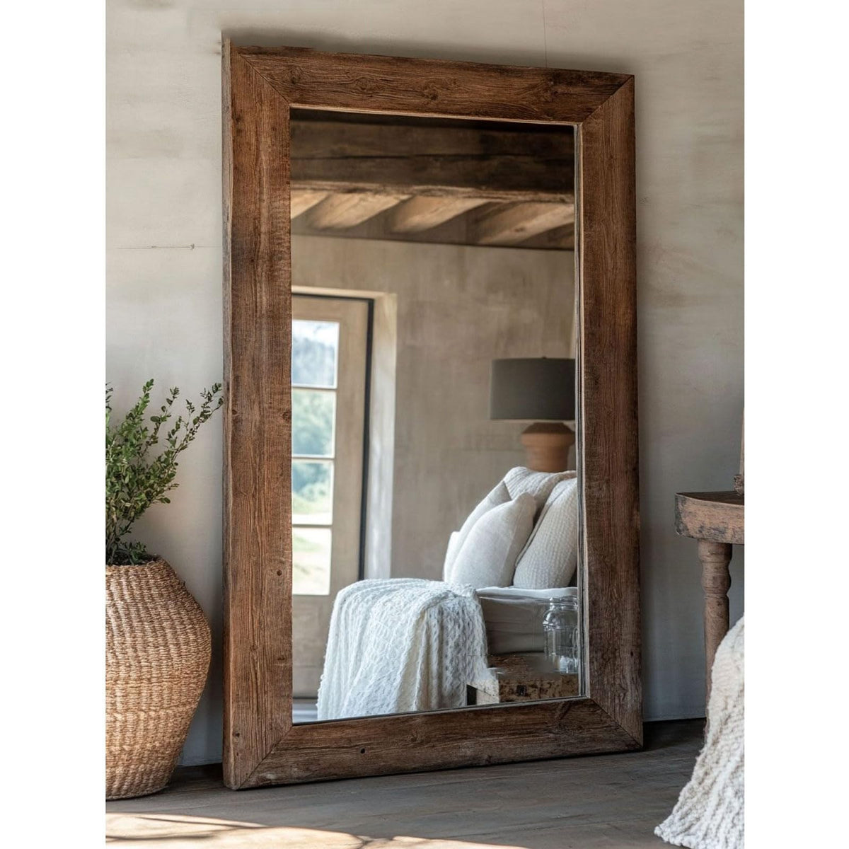 TBJEN Oversized Brown Full Length Mirror, Solid Wood Beveled Frame Wall Leaning or Hanging Mirror - Rustic Farmhouse Style for Bedroom, Entryway, Living Room 200x110cm