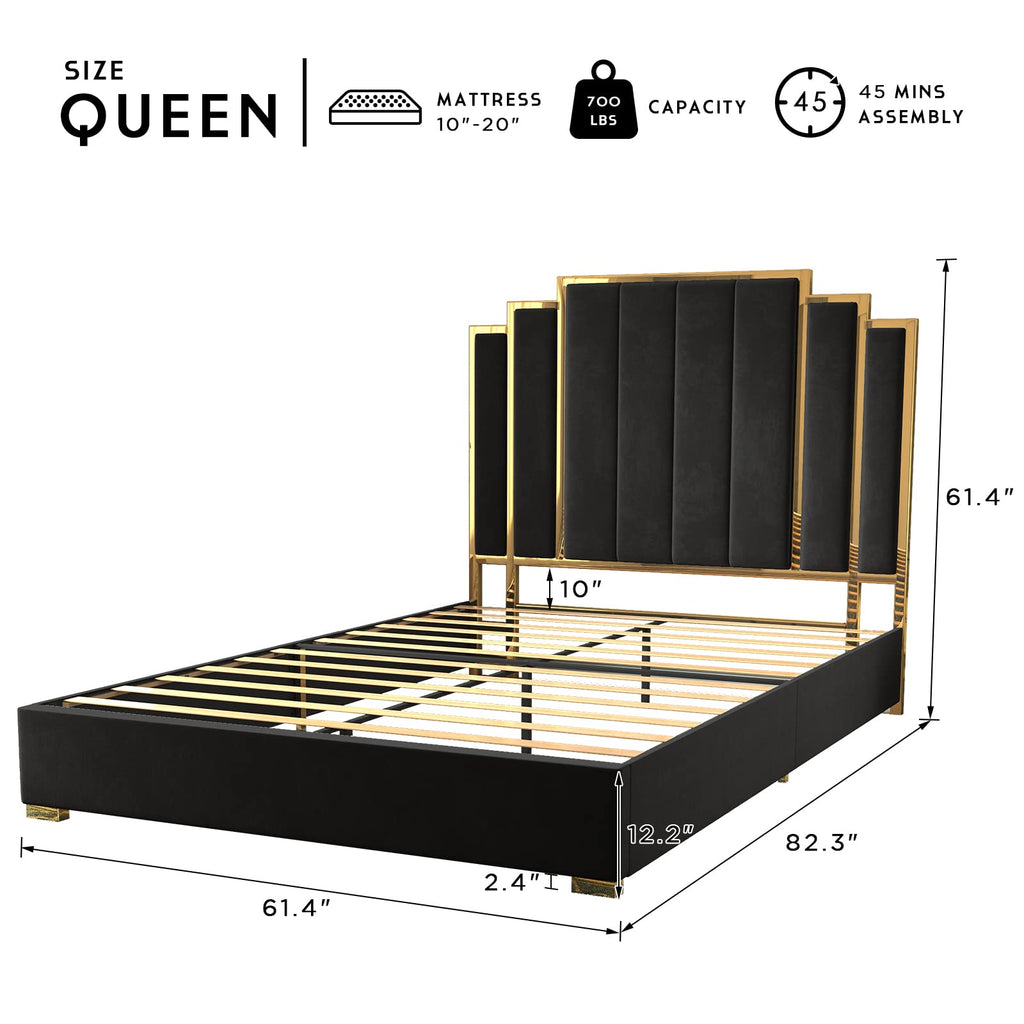 HOWE Bed Frame and Headboard, Upholstered Bed with Golden Plating Trim, Modern Platform Bed No Box Spring Needed