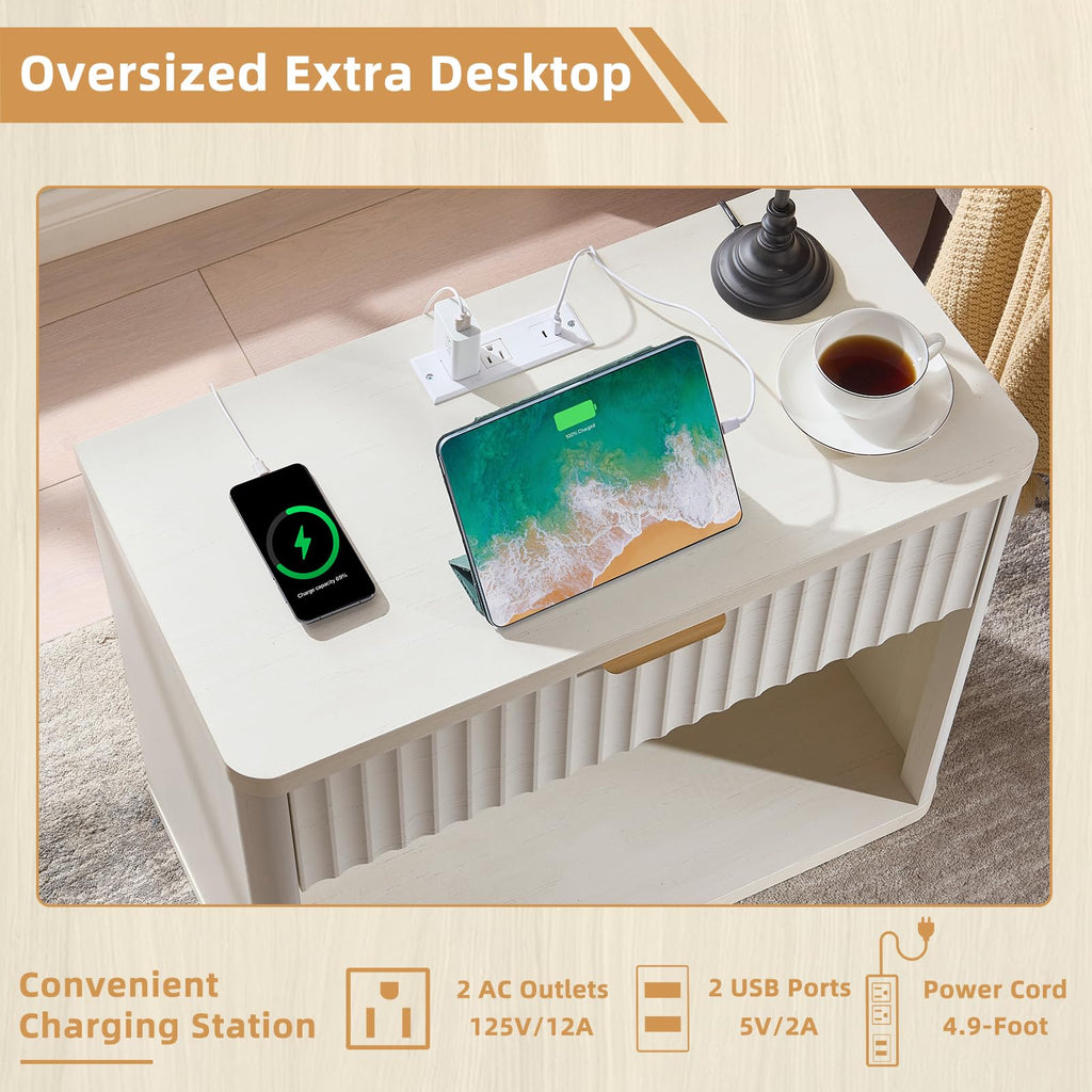 LEYAOYAO Wide Fluted Nightstand for Large Spaces