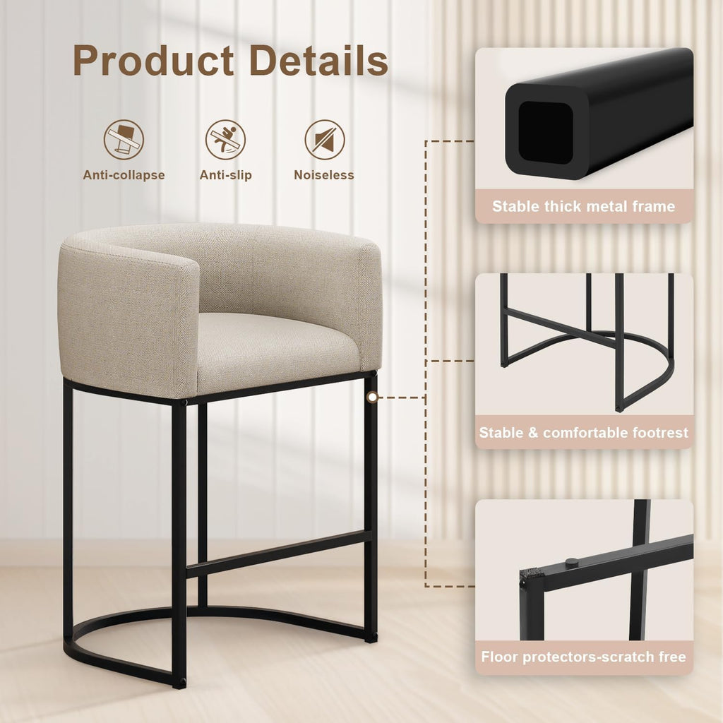 VATROS 26" H Counter Height Bar Stools, Modern Barrel Counter Stools with Backrest and Arms, Faux Leather Upholstered Accent Barstools for Kitchen Island,Support 450 LBS