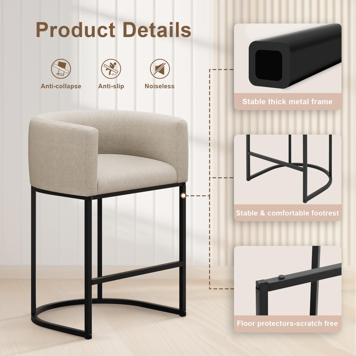 VATROS 26" H Counter Height Bar Stools, Modern Barrel Counter Stools with Backrest and Arms, Faux Leather Upholstered Accent Barstools for Kitchen Island,Support 450 LBS