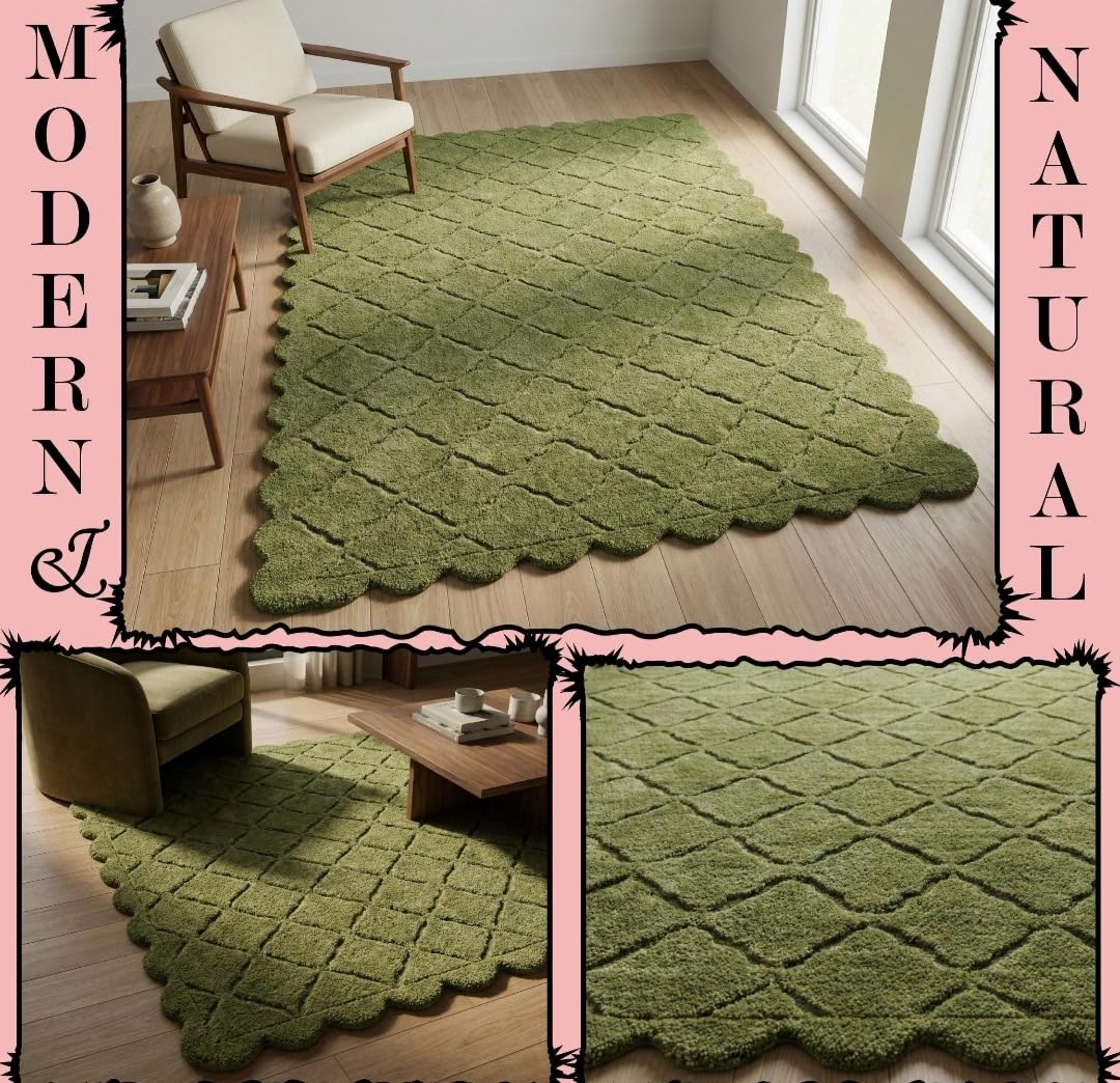 Green Scalloped Diamond Lattice Wool-Blend Area Rug
