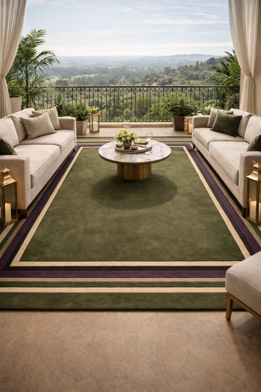 Handmade Geometric Green, Purple & Beige Border Area Rug