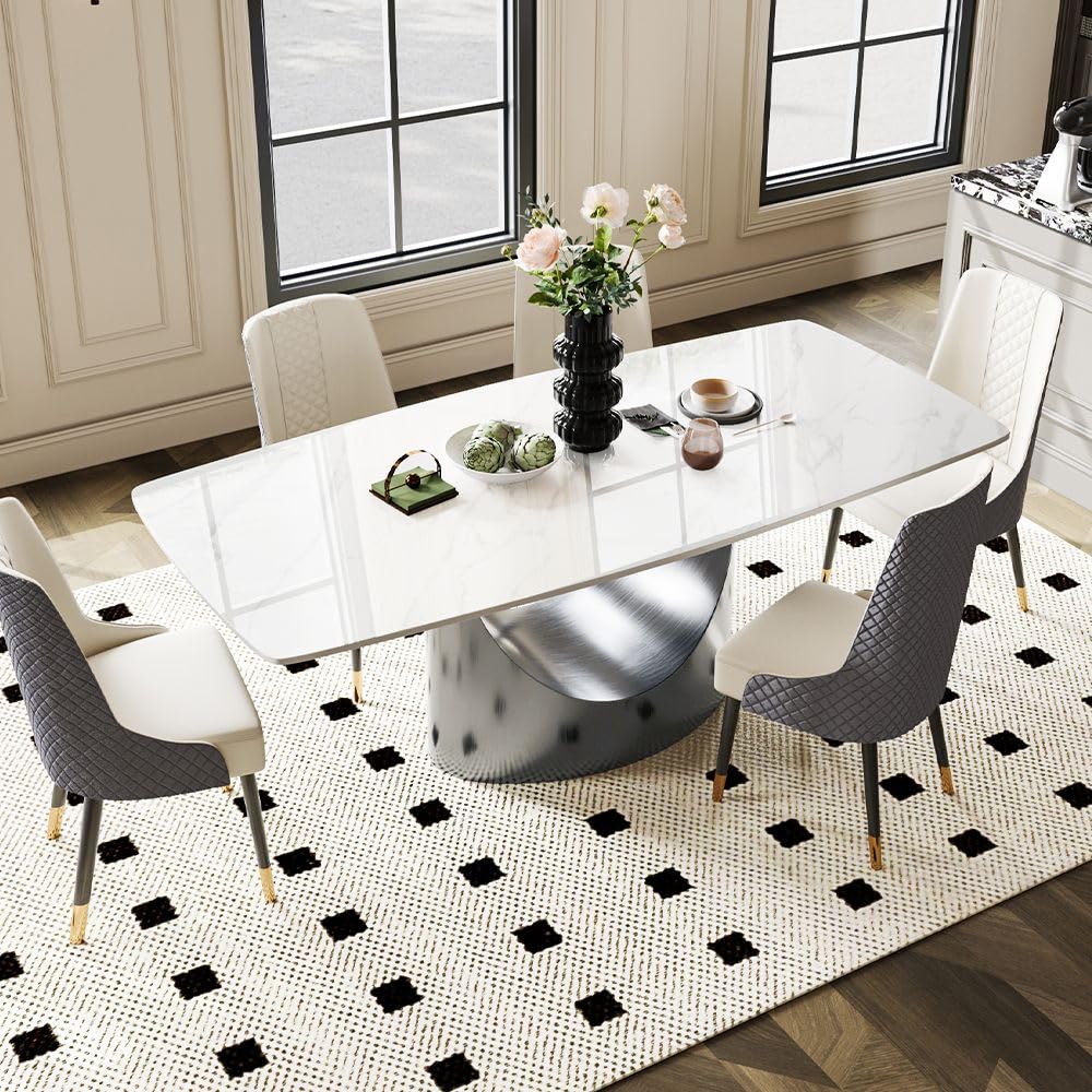 POVISON Modern Dining Table Marble White Black Bronze for Dining Room Kitchen