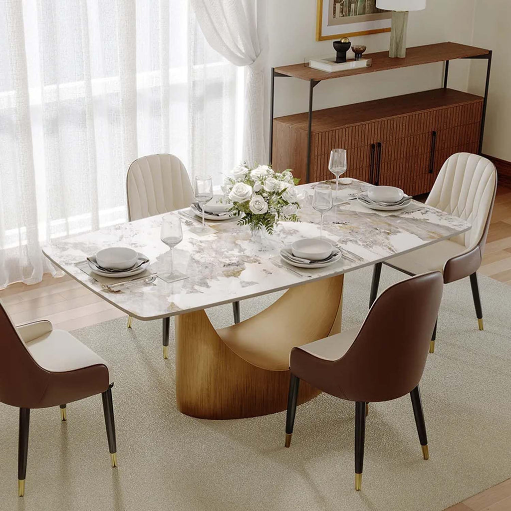 POVISON Modern Dining Table Marble White Black Bronze for Dining Room Kitchen