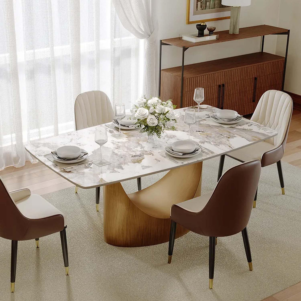 POVISON Modern Dining Table Marble White Black Bronze for Dining Room Kitchen